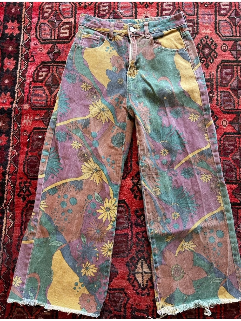 Vintage Psychedelic Floral Wide Leg Jeans Multi Colored Hippie Boho Festival S/M - Picture 2 of 15